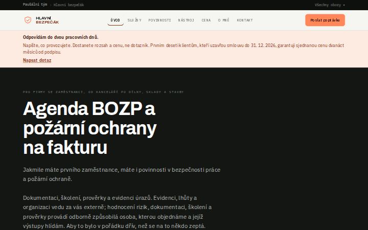 Náhled titulní stránky webu hlavnibezpecak.cz